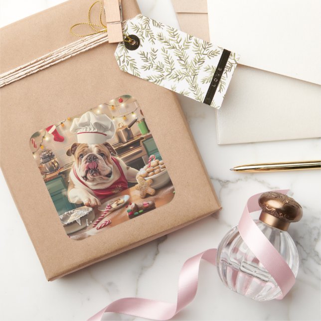 English Bulldog Holiday Baking: Festive Christmas Square Sticker (Gifting)