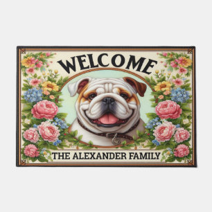 English Bulldog Home Sweet, Floral Framed Welcome Doormat