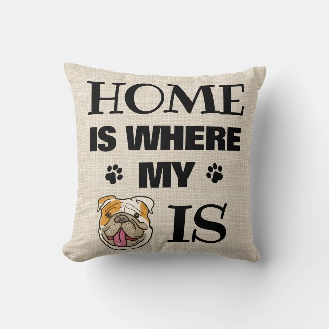 English Bulldog Home Where My Dog Is Cartoon Face Cushion (Front)