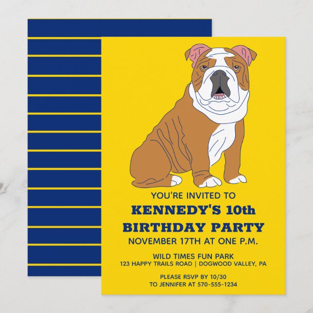 English Bulldog Illustration Custom Birthday Party Invitation (Front/Back)