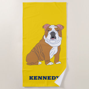English Bulldog Illustration Personalised Beach Towel