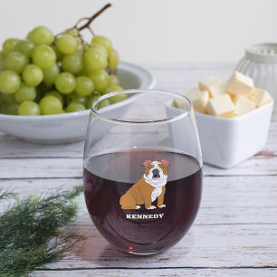 English Bulldog Illustration Personalised Stemless Wine Glass