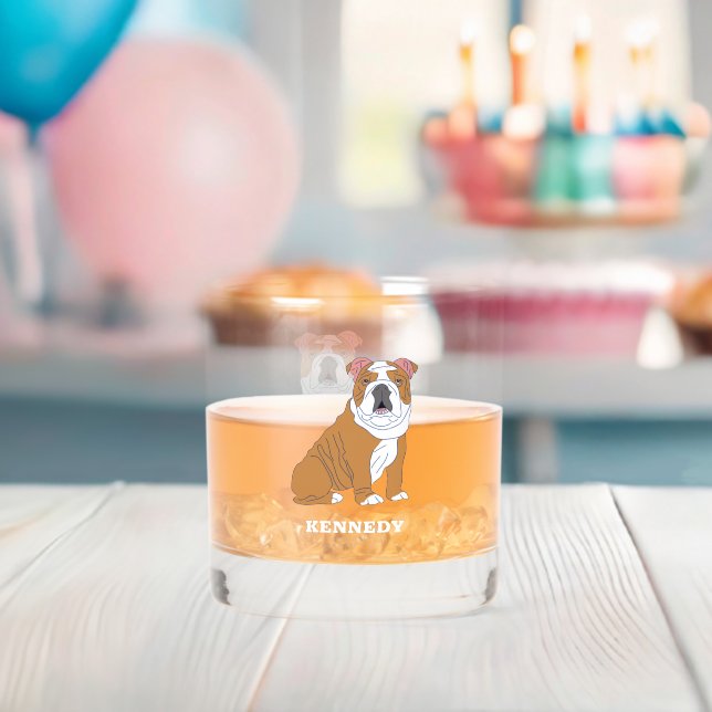 English Bulldog Illustration Personalised Whiskey Glass (Insitu (Baby Shower))
