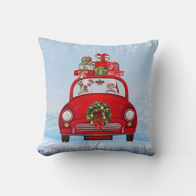 English Bulldog In Car With Santa Claus Cushion (Front)