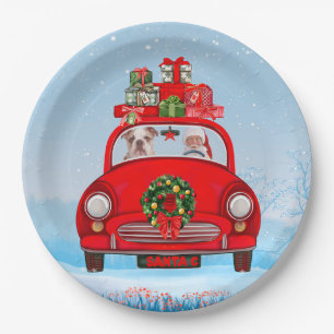 English Bulldog In Car With Santa Claus Paper Plate