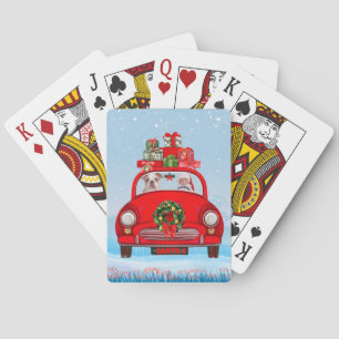 English Bulldog In Car With Santa Claus Playing Cards
