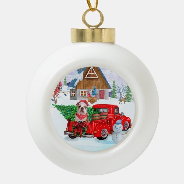English Bulldog In Christmas Delivery Truck Snow  Ceramic Ball Christmas Ornament (Front)