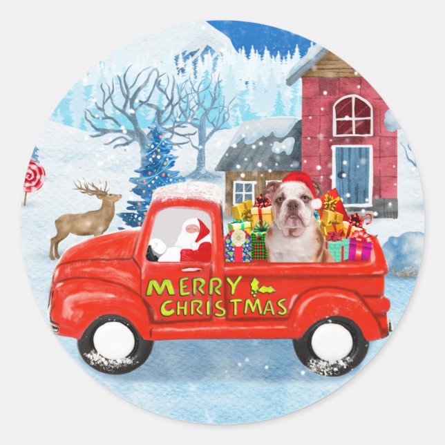 English Bulldog in Christmas Delivery Truck Snow Classic Round Sticker (Front)