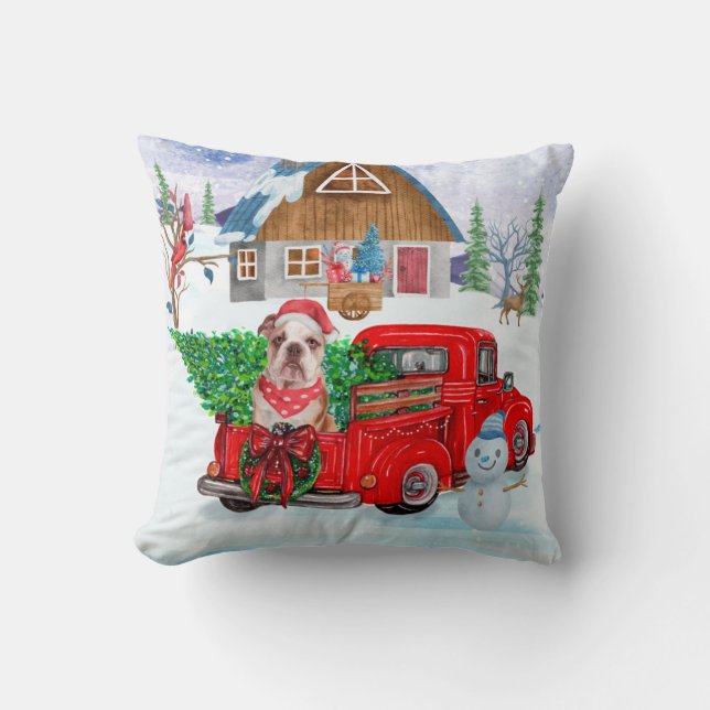 English Bulldog In Christmas Delivery Truck Snow Cushion (Front)