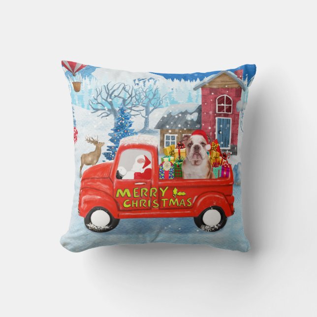 English Bulldog in Christmas Delivery Truck Snow Cushion (Front)
