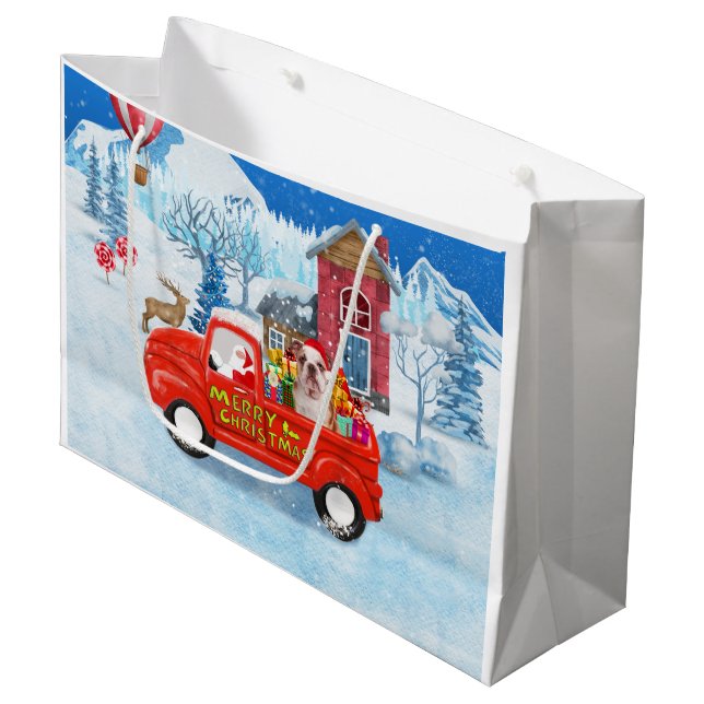 English Bulldog in Christmas Delivery Truck Snow Large Gift Bag (Front Angled)
