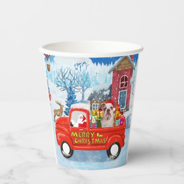 English Bulldog in Christmas Delivery Truck Snow  Paper Cups (Front)
