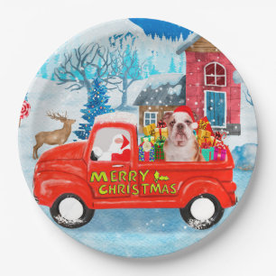 English Bulldog in Christmas Delivery Truck Snow Paper Plate