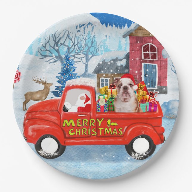 English Bulldog in Christmas Delivery Truck Snow  Paper Plate (Front)