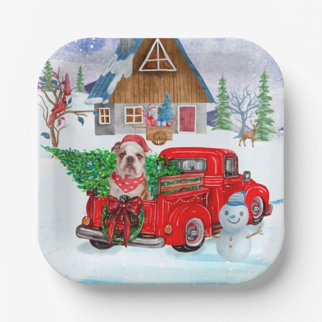 English Bulldog In Christmas Delivery Truck Snow  Paper Plate (Front)