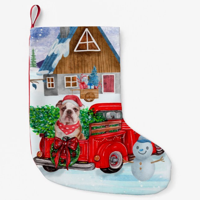 English Bulldog In Christmas Delivery Truck Snow Small Christmas Stocking (Front)