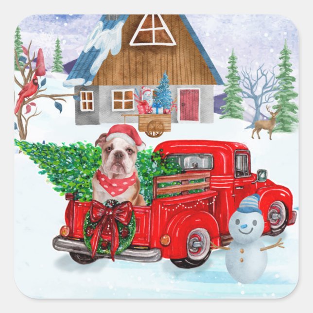 English Bulldog In Christmas Delivery Truck Snow Square Sticker (Front)