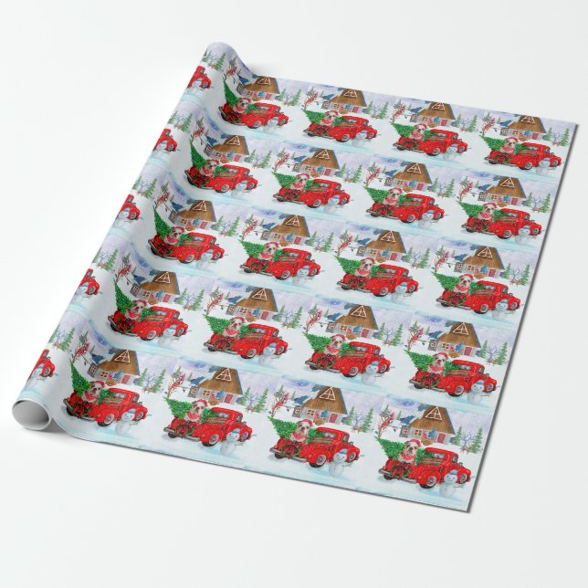 English Bulldog In Christmas Delivery Truck Snow Wrapping Paper (Unrolled)