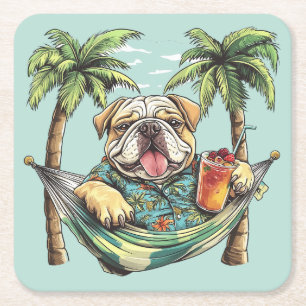 English Bulldog In Hawaiian Top Square Paper Coaster