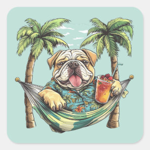 English Bulldog In Hawaiian Top Square Sticker