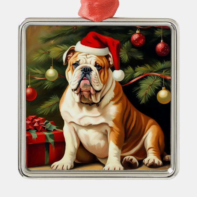 English Bulldog in Santa hat, Metal Tree Decoration (Front)