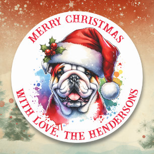 English Bulldog in Santa Hat Personalised Classic Round Sticker