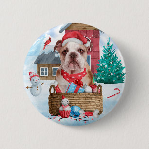 English Bulldog In snow Christmas Dog House 6 Cm Round Badge