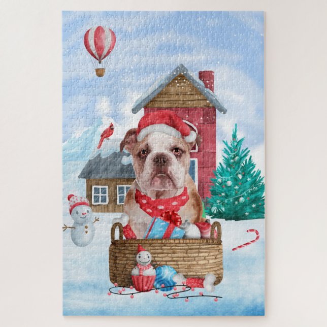 English Bulldog In snow Christmas Dog House Jigsaw Puzzle (Vertical)