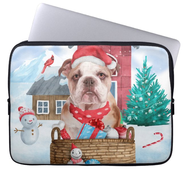 English Bulldog In snow Christmas Dog House Laptop Sleeve (Front)