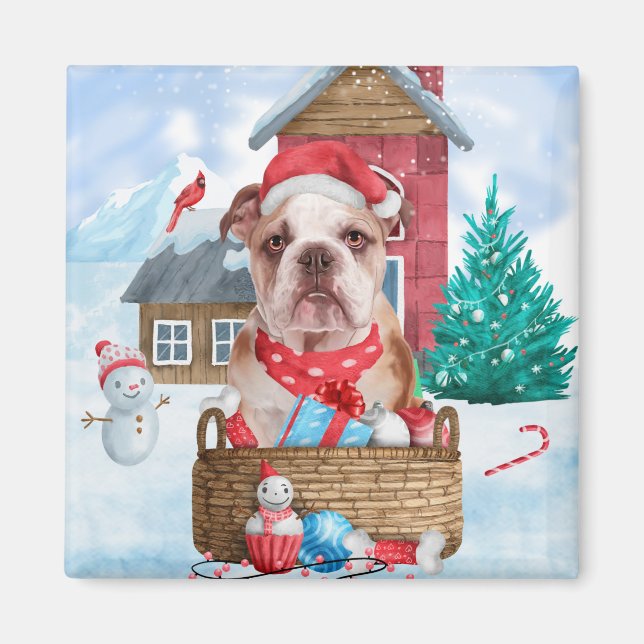 English Bulldog In snow Christmas Dog House Magnet (Front)