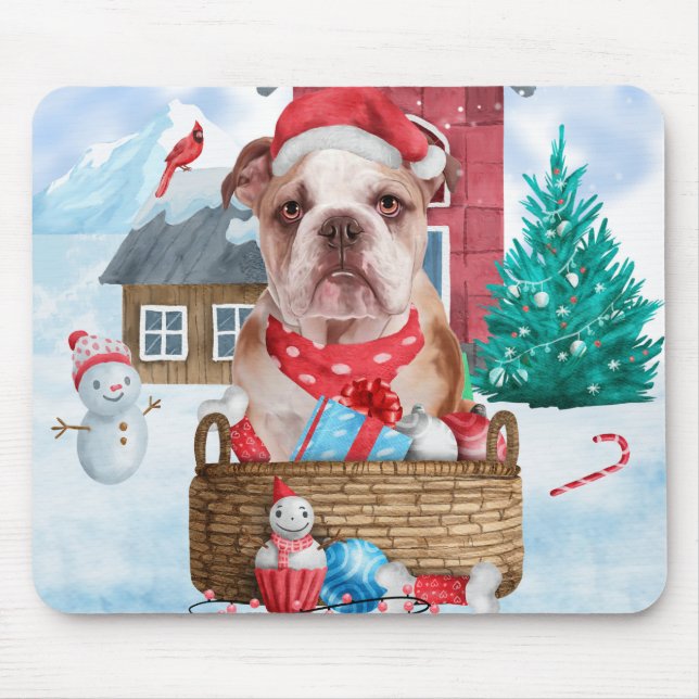 English Bulldog In snow Christmas Dog House Mouse Mat (Front)