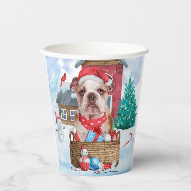 English Bulldog In snow Christmas Dog House Paper Cups (Front)