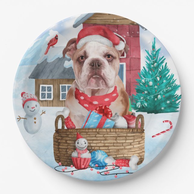 English Bulldog In snow Christmas Dog House Paper Plate (Front)