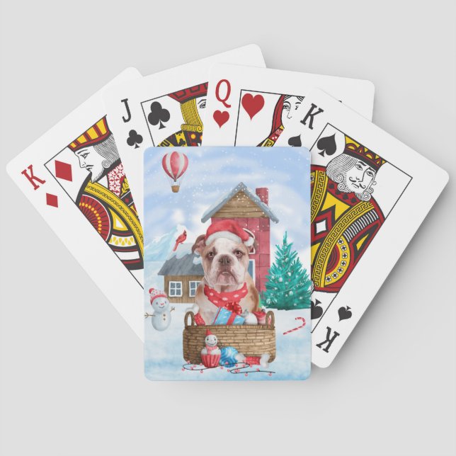 English Bulldog In snow Christmas Dog House Playing Cards (Back)