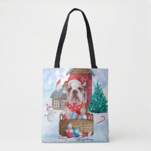 English Bulldog In snow Christmas Dog House Tote Bag