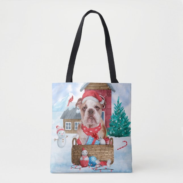 English Bulldog In snow Christmas Dog House Tote Bag (Front)