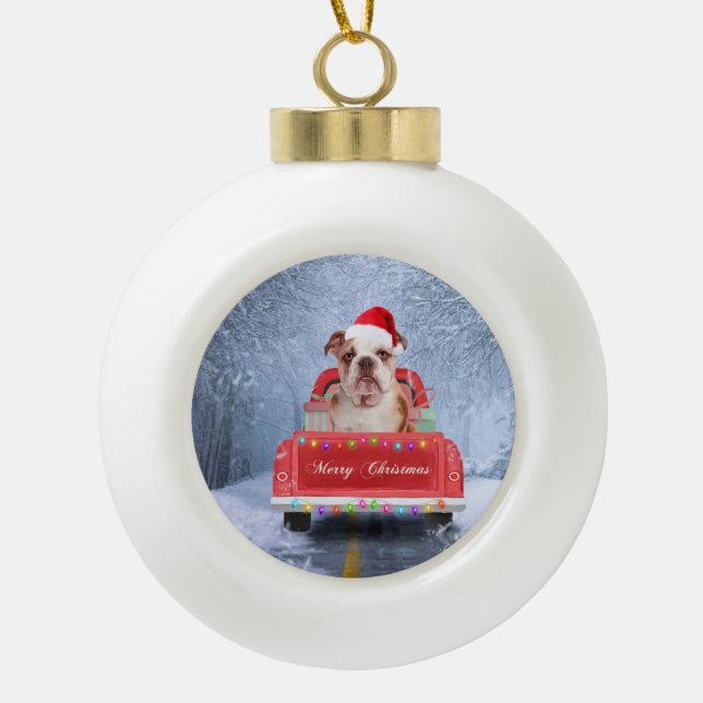 English Bulldog in Snow sitting in Christmas Truck Ceramic Ball Christmas Ornament (Front)