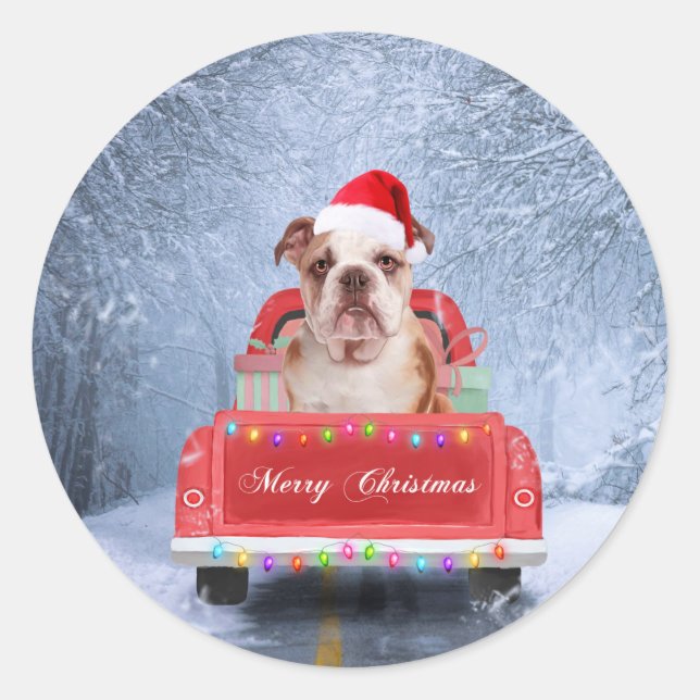 English Bulldog in Snow sitting in Christmas Truck Classic Round Sticker (Front)
