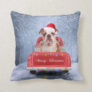 English Bulldog in Snow sitting in Christmas Truck Cushion