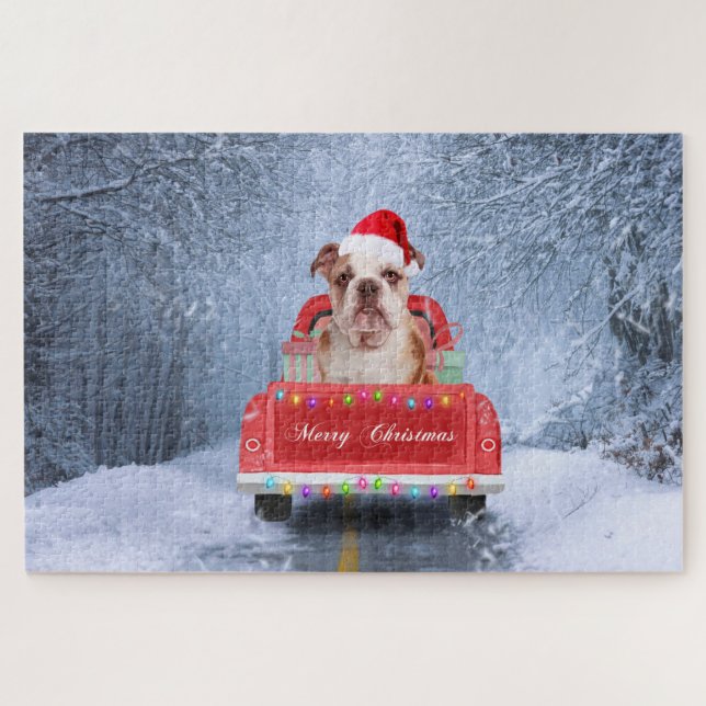 English Bulldog in Snow sitting in Christmas Truck Jigsaw Puzzle (Horizontal)