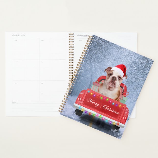 English Bulldog in Snow sitting in Christmas Truck Planner (Display)