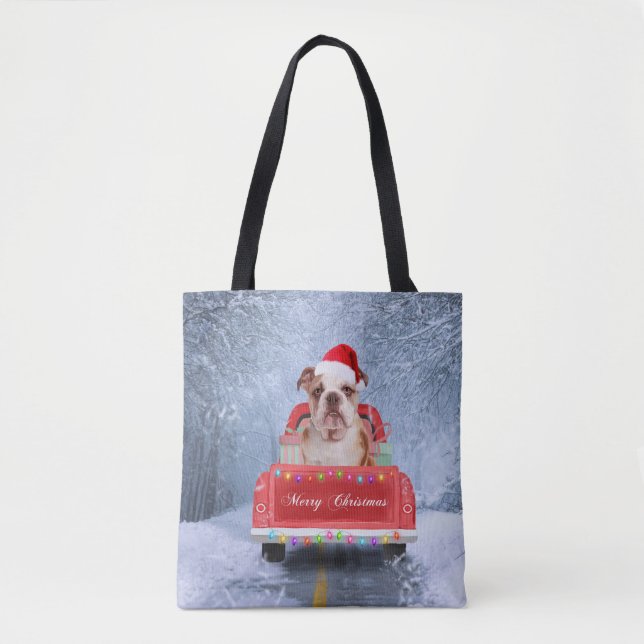 English Bulldog in Snow sitting in Christmas Truck Tote Bag (Front)