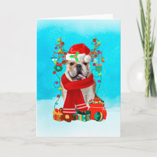  English Bulldog in snow with Christmas gifts Card