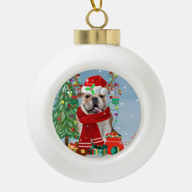 English Bulldog in Snow with Christmas Gifts  Ceramic Ball Christmas Ornament (Front)