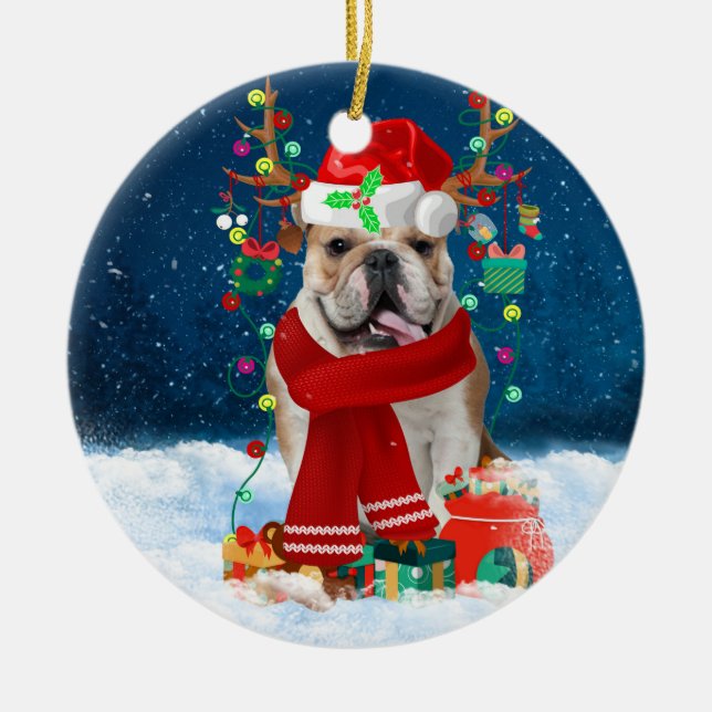 English Bulldog in Snow with Christmas Gifts  Ceramic Tree Decoration (Front)