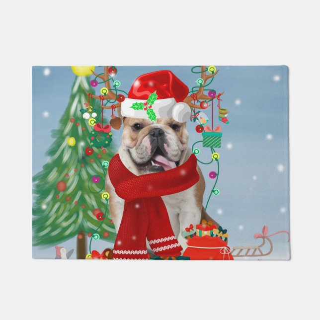 English Bulldog in Snow with Christmas Gifts  Doormat (Front)