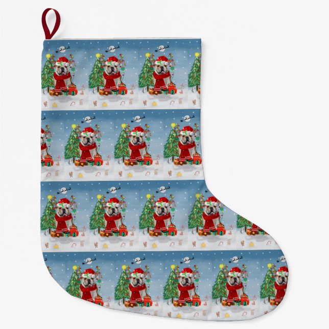 English Bulldog in Snow with Christmas Gifts  Large Christmas Stocking (Front)