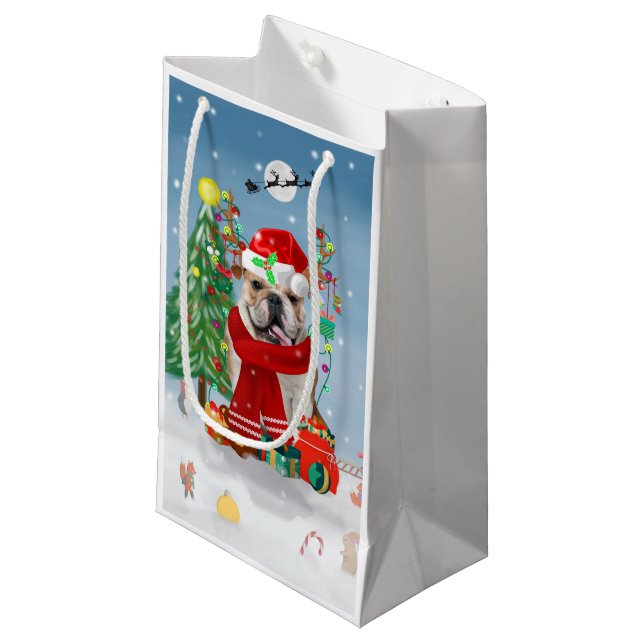 English Bulldog in Snow with Christmas Gifts  Small Gift Bag (Front Angled)