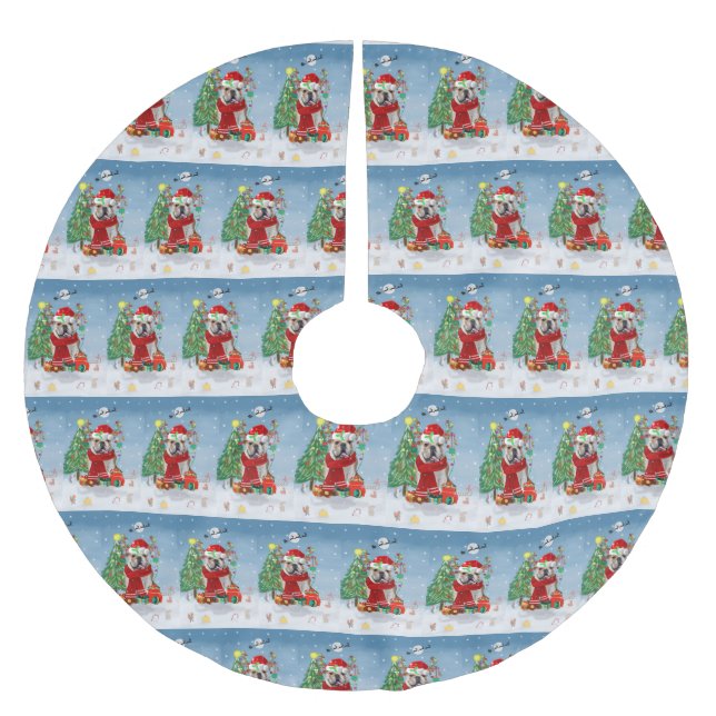 English Bulldog in Snow with Christmas Gifts Throw Brushed Polyester Tree Skirt (Front)