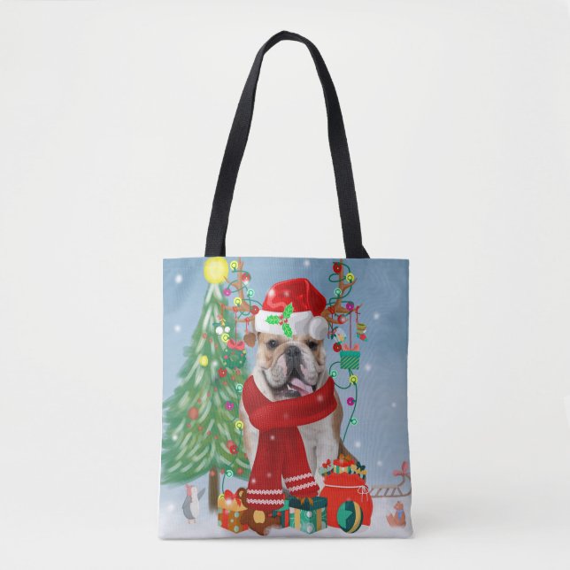 English Bulldog in Snow with Christmas Gifts  Tote Bag (Front)